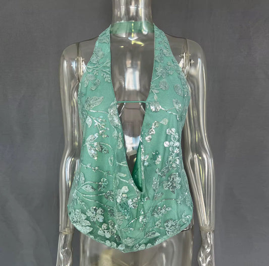 Nat-Halterneck Backless Top-Green