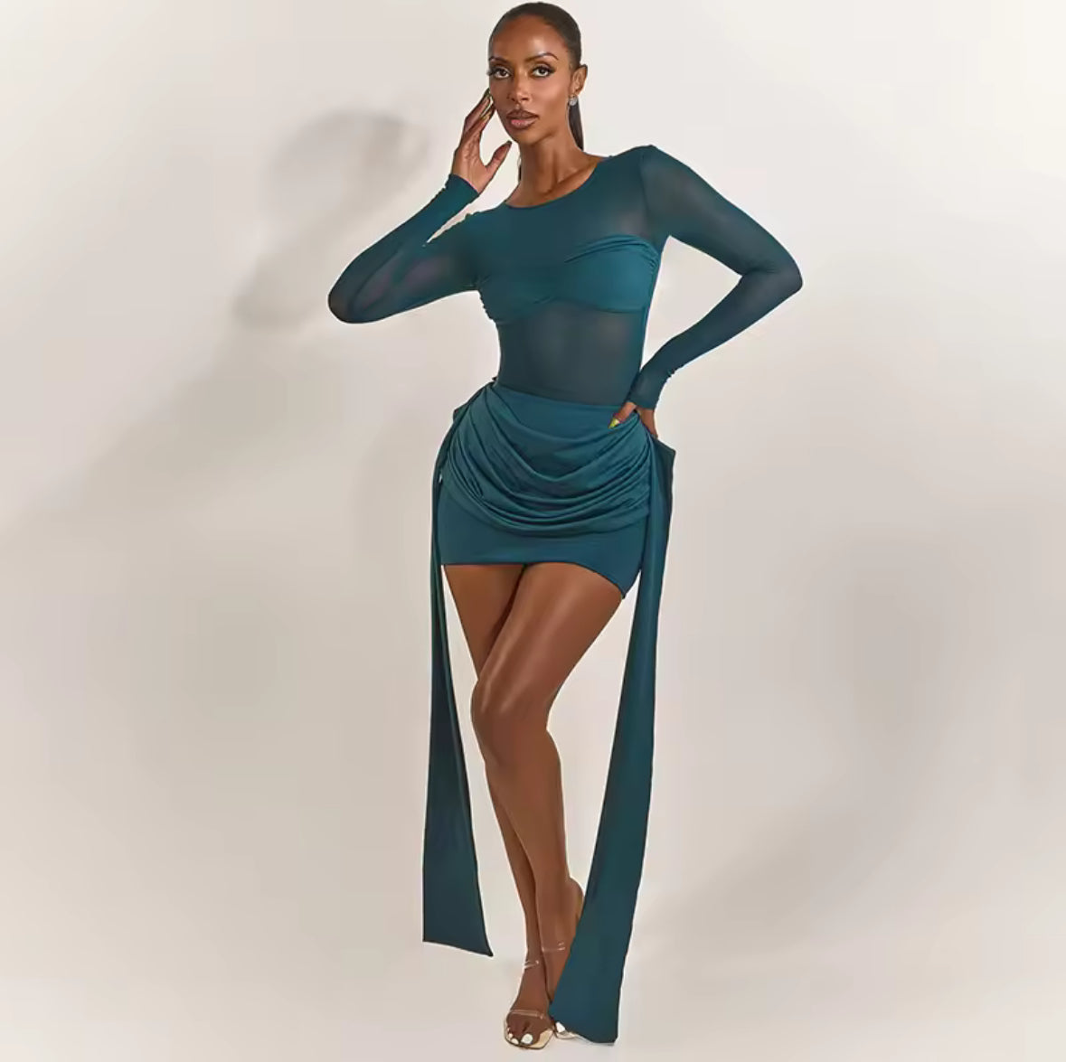 Natalia-Drape Detail Dress-Green