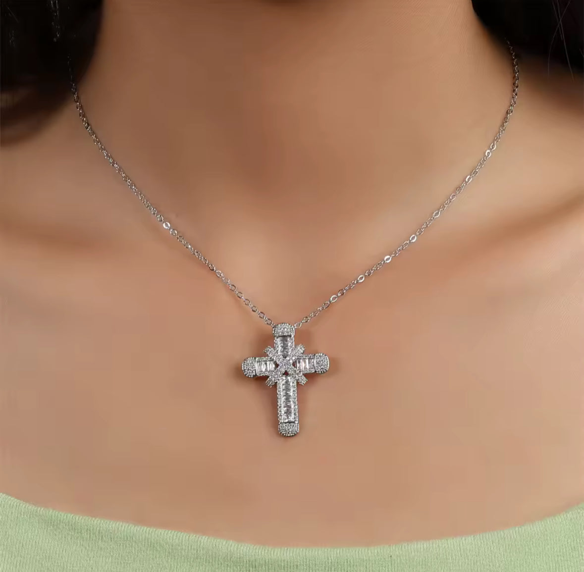 Baguette Cross Pendant Necklace-Silver