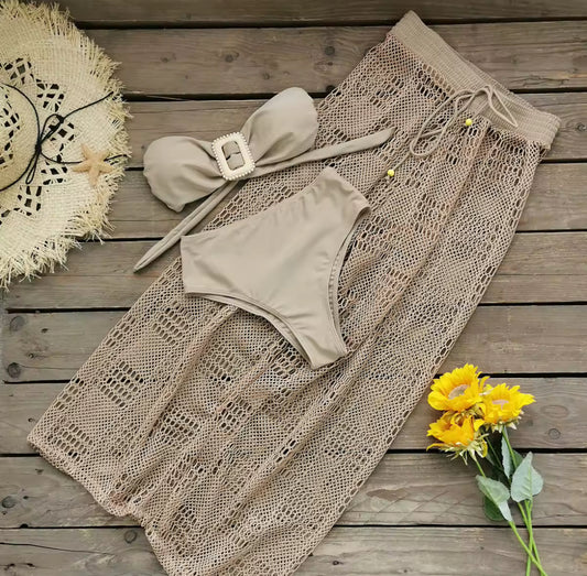 Skye-Three Piece Bikini and Cover Up Set-Brown
