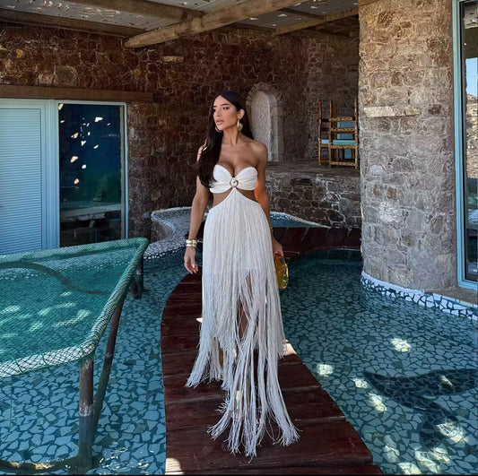 Briesha-Tassel Beach Dress-White