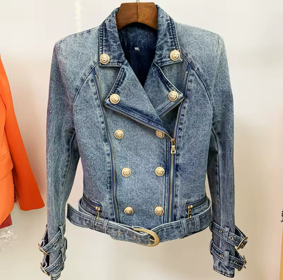 Annie-Gold Button Biker Jacket-Denim