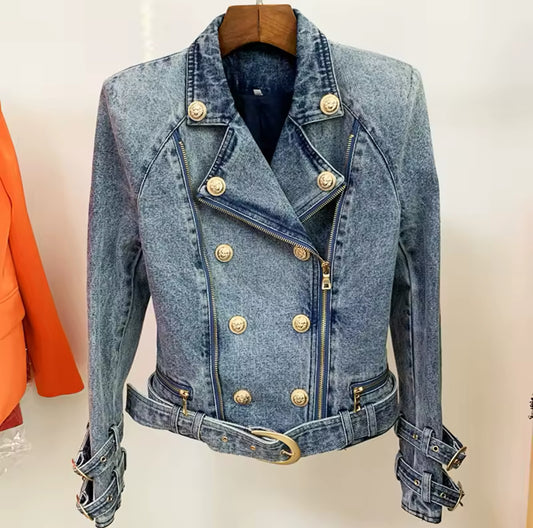 Annie-Gold Button Biker Jacket-Denim