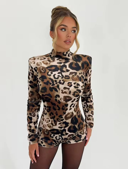 Leoni-Animal Print Playsuit Long Sleeve-Leopard