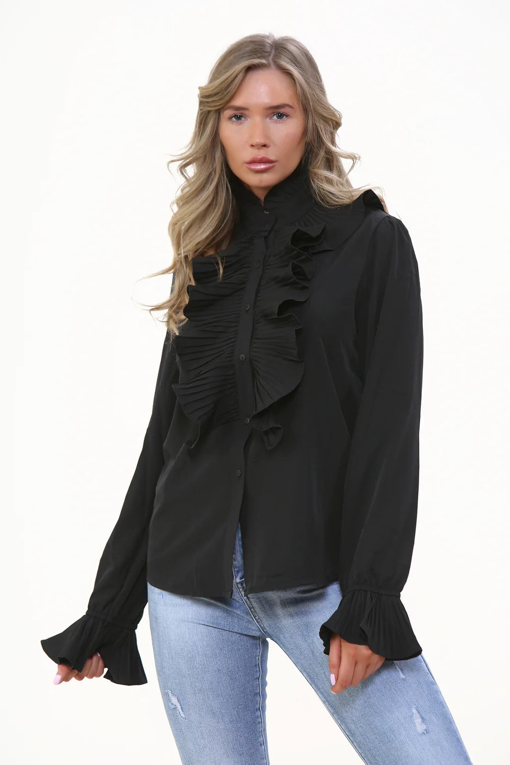 Vivienne-Ruffle Detail Shirt-Black