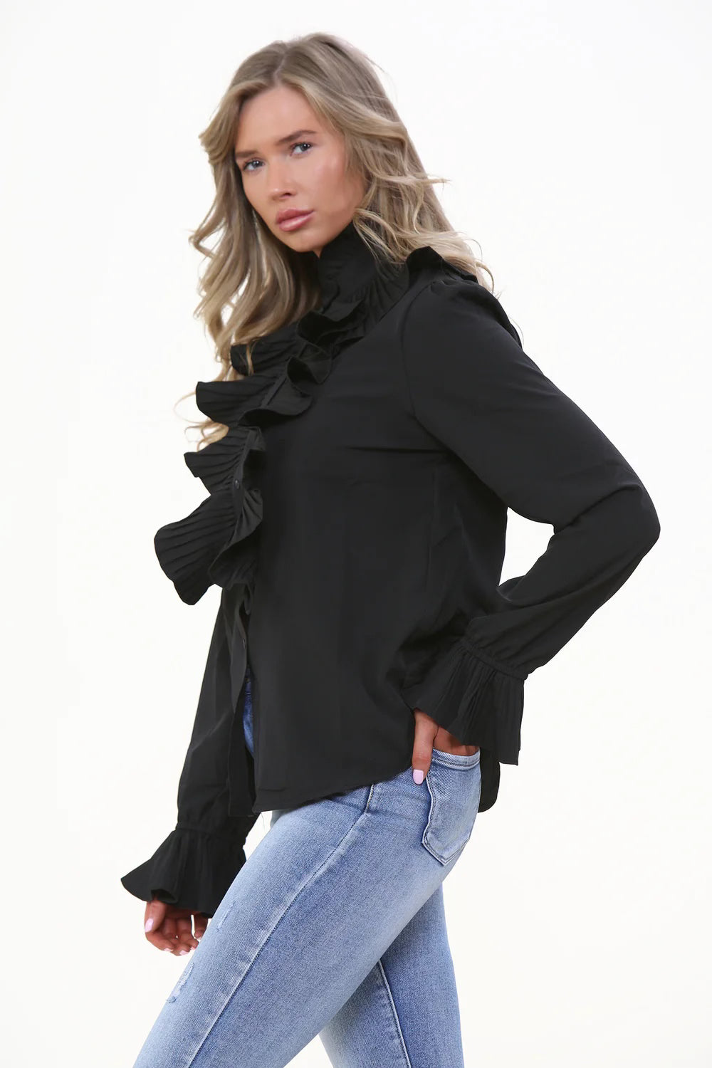 Vivienne-Ruffle Detail Shirt-Black