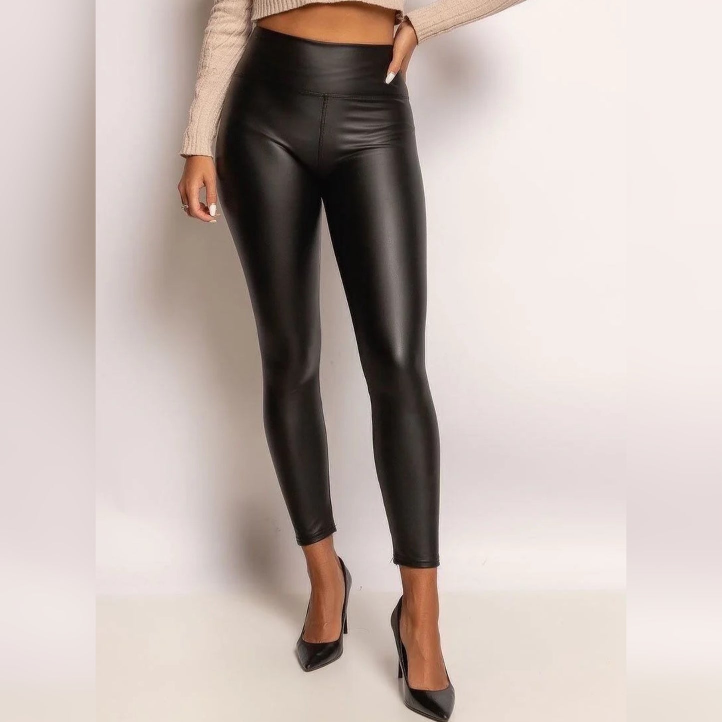 Harper-High Waist Leather Look Leggings Velvet Lined - Black