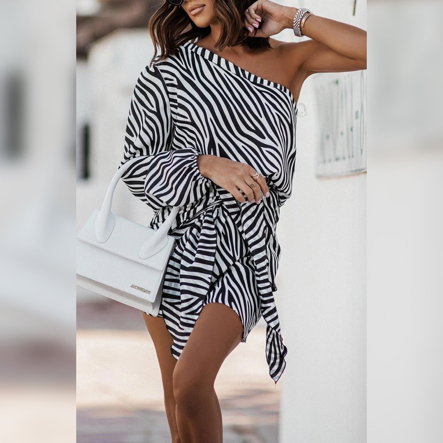 Black Zebra One Shoulder Dress-Sample (Size 10/12) – NON RETURNABLE