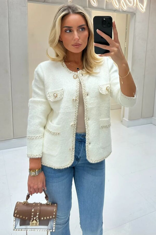 CoCo-Pearl Button Cardigan-White