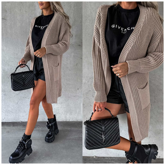 Bella-Longline Pocket Cardigan-Stone