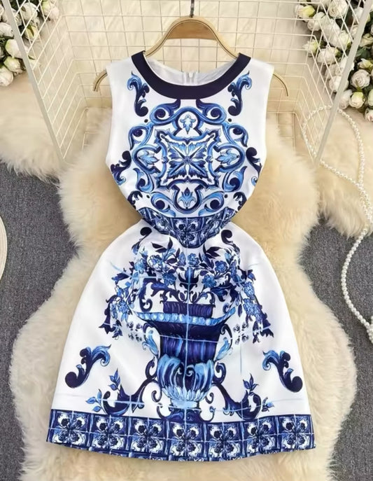 Marcella-Printed Skater Dress-Blue