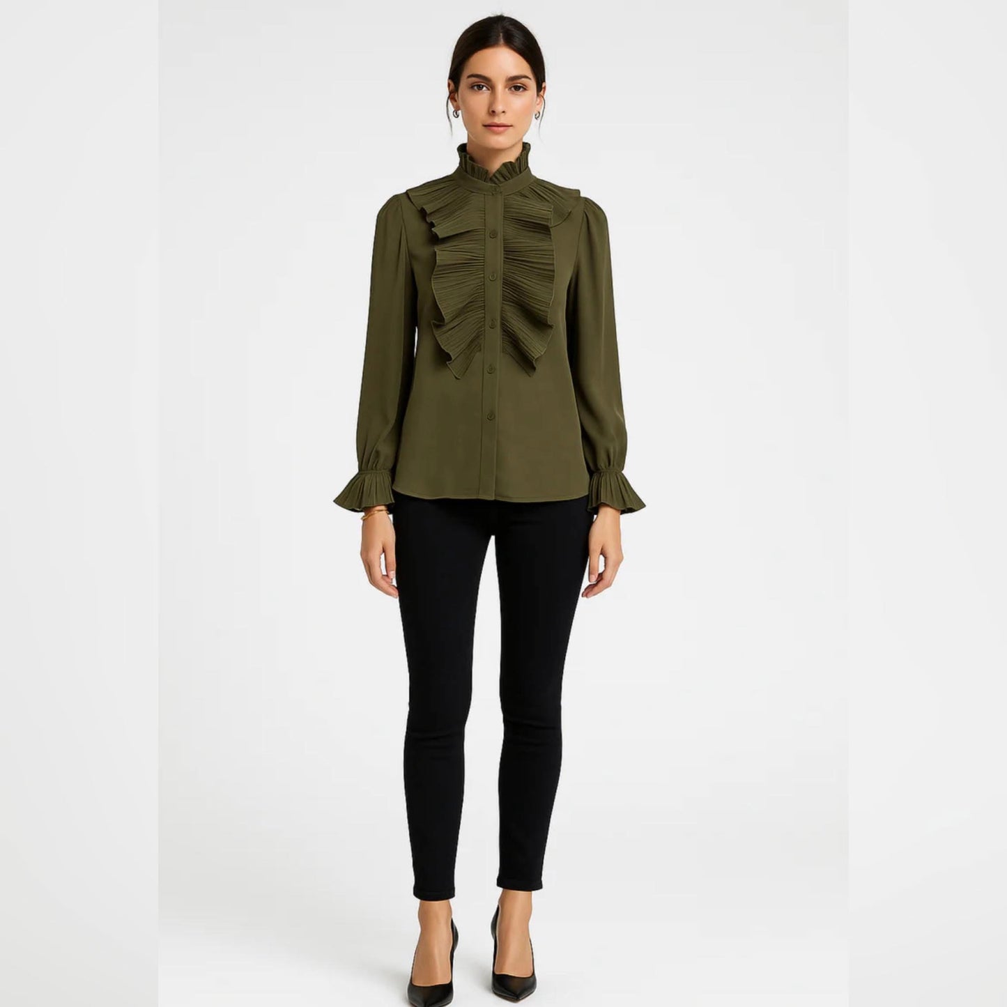 Gabriella-High Neck Ruffle Blouse-Brown