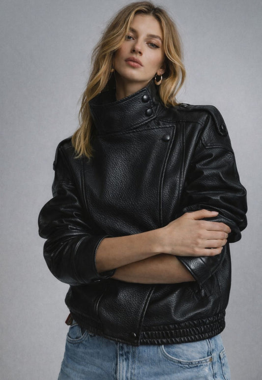 Xanthe-High Neck PU Biker Jacket-Black