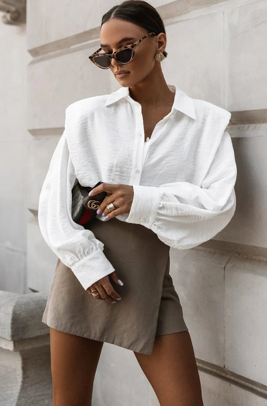 Lucy-Shoulder Padded Blouse-White