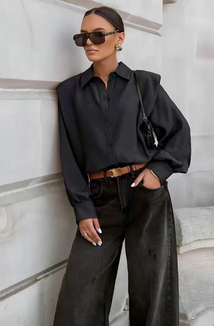 Lucy-Shoulder Padded Blouse-Black