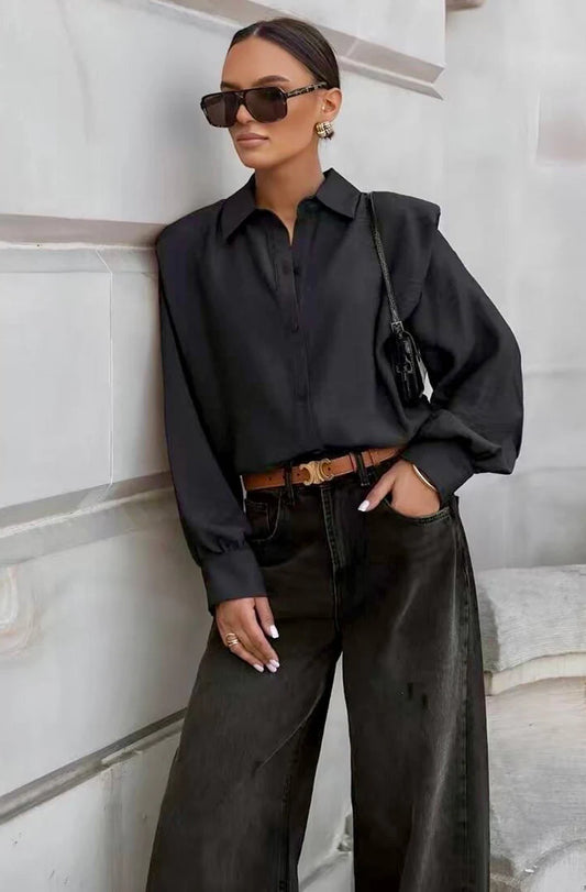 Lucy-Shoulder Padded Blouse-Black