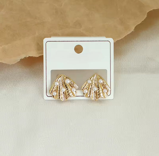 Annabelle-Pearl Embellished Shell Earrings-Gold