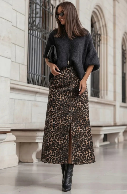 Cecilia-Denim Printed Skirt-Leopard
