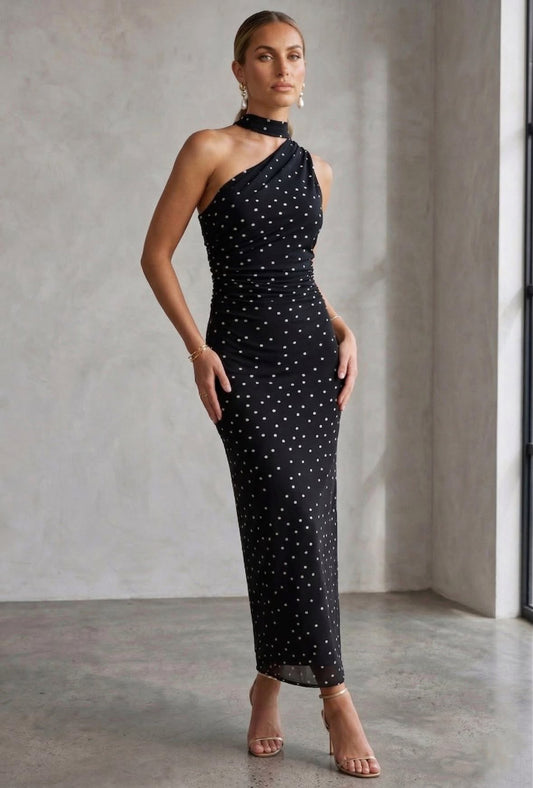 Midnight Muse Polka Midi Dress – Black