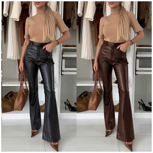 Reeva-Flared High Waist Leather Trousers