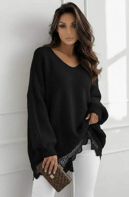 Emmie-V Neck Oversized Lace Hem Jumper-Three Colours