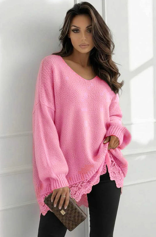 Emmie-V Neck Oversized Lace Hem Jumper-Three Colours