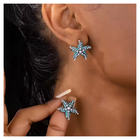 Susie-Embellished Starfish Earrings-Blue